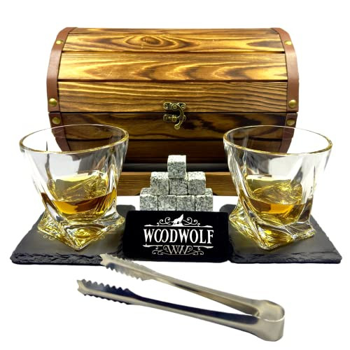 WoodWolf Whiskey Set in a Premium Wooden Barrel Whiskey Glasses Set of 2 New