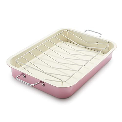 GreenLife 16.5” x 12” Ceramic Nonstick Roasting Pan Rack B09C7WJZC1 - Soft Pink New