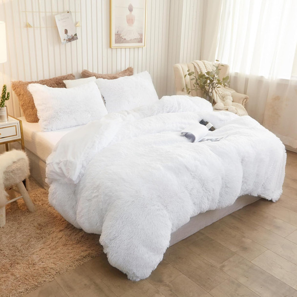 CHOSHOME LUXURY PLUSH SHAGGY FAUX FUR DUVET COVER - WHITE