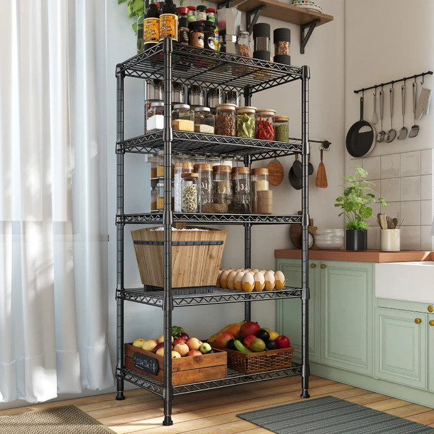 REIBII 5-TIER ADJUSTABLE WIRE SHELVING UNIT, 21.5″ WIDE STORAGE RACK - BLACK