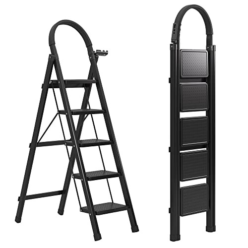 JOISCOPE 5 Step Ladder, Folding Step Stool with Upgraded Widening - Black