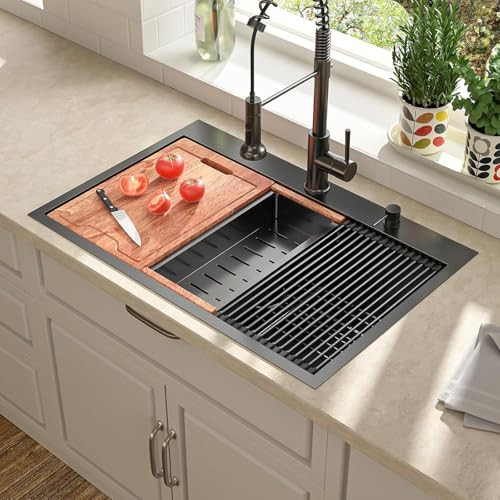 Lordear 30 Inch Black Kitchen Sink Single Bowl Workstation Sinks 16 Gauge