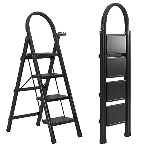 JOISCOPE 4 Step Ladder, Folding Step Stool, 250 Lbs Capacity, B0B56WPGYW - Black New