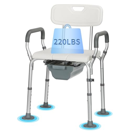 REAQER 4 in 1 Bedside Commode with Bucket 330lb, Chair, Back, Detachable Arms New