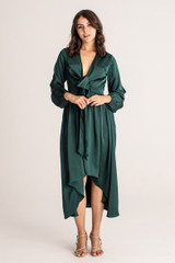 Serenity Long Sleeve Silk Wrap Midi Cocktail Dress in Emerald