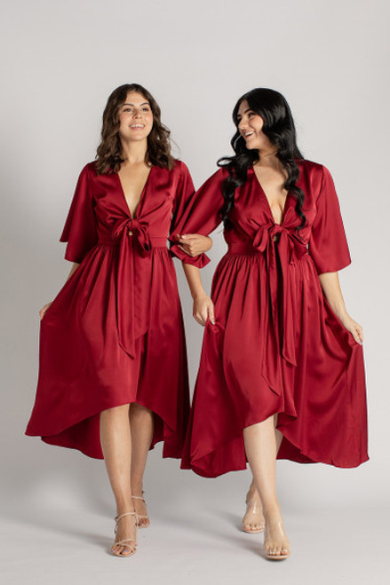 Alyssa Silk Wrap Midi Cocktail Dress in Burgundy