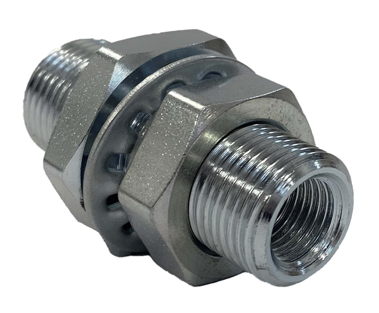 Steel Bulkhead Fitting: RF5498: 1/2" MPT x 1/4" FPT (3/4"-16 Male Straight Thread) (2.16" OAL)