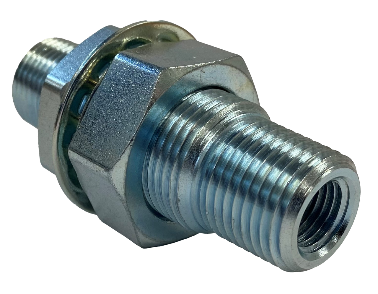 Steel Bulkhead Fitting: RF5730: 1/2" MPT x 1/4" FPT (1"-14 UNS Male Straight Thread) (2.94" OAL)