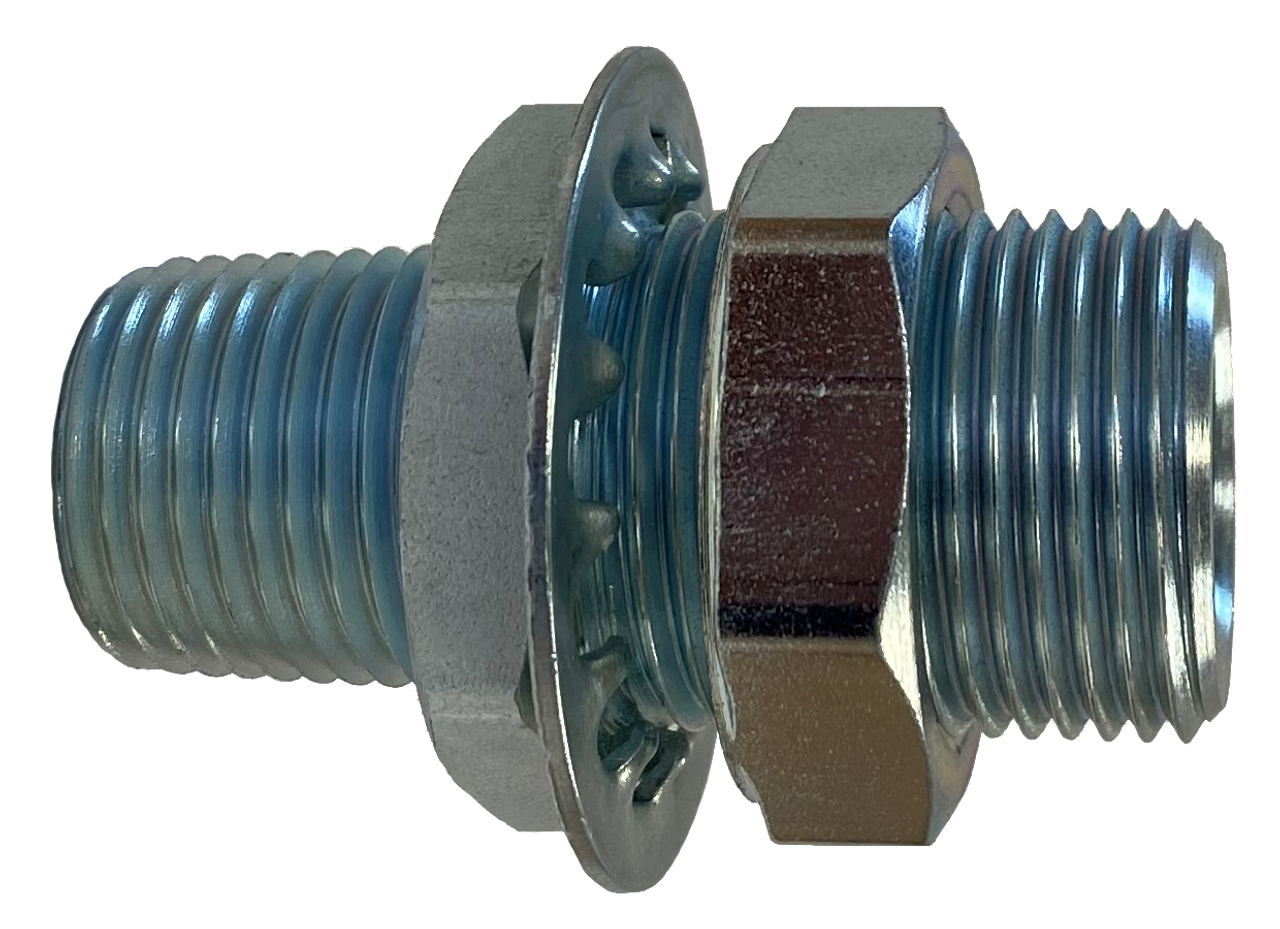 Steel Bulkhead Fitting: RF11304: 1/2" MPT x 3/8 "FPT (1"-14 UNS Male Straight Thread) (2.15" OAL)