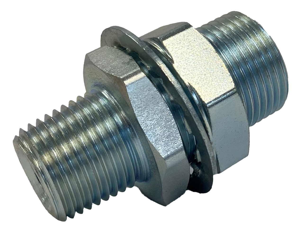 Steel Bulkhead Fitting: RF11304: 1/2" MPT x 3/8 "FPT (1"-14 UNS Male Straight Thread) (2.15" OAL)