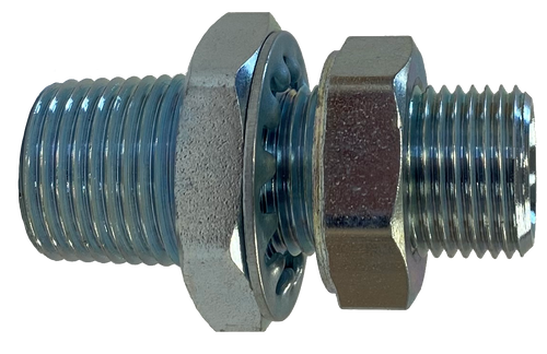 Steel Bulkhead Fitting: RF5498: 1/2" MPT x 1/4" FPT (3/4"-16 Male Straight Thread) (2.16" OAL)