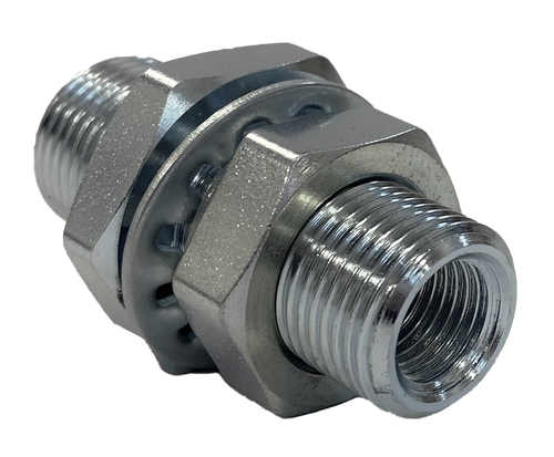 Steel Bulkhead Fitting: RF5498: 1/2" MPT x 1/4" FPT (3/4"-16 Male Straight Thread) (2.16" OAL)