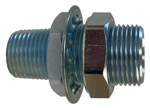 Steel Bulkhead Fitting: RF11304: 1/2" MPT x 3/8 "FPT (1"-14 UNS Male Straight Thread) (2.15" OAL)