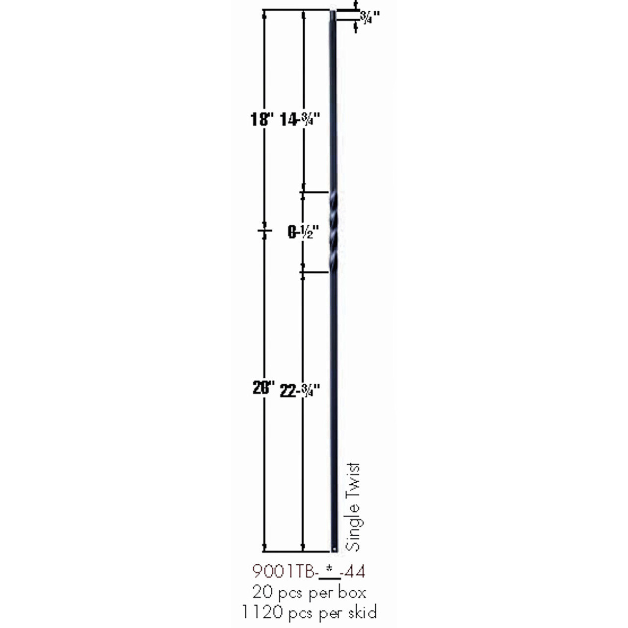 9001TB Single Twist Tubular Steel Baluster Dimensional Information