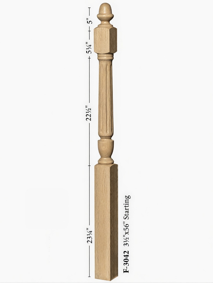 F-3042 Fluted Acorn Top Starting Newel Post Dimensional Information