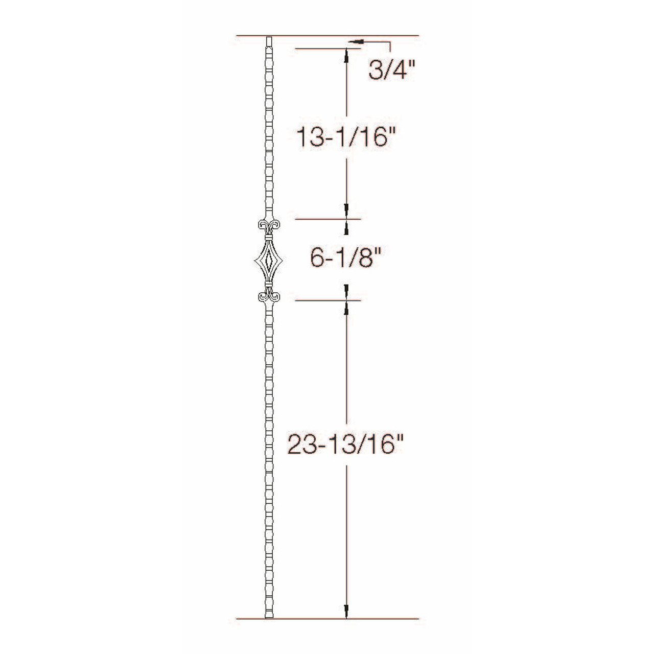 T-93 Single Diamond Edge Hammered Tubular Steel Baluster Dimensional Information