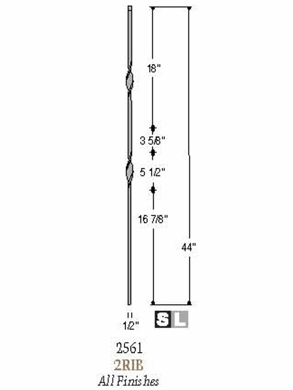 2561-LT Lite Hollow Tubular Steel Double Ribbon Baluster, 12mm Dimensional Inforamtion