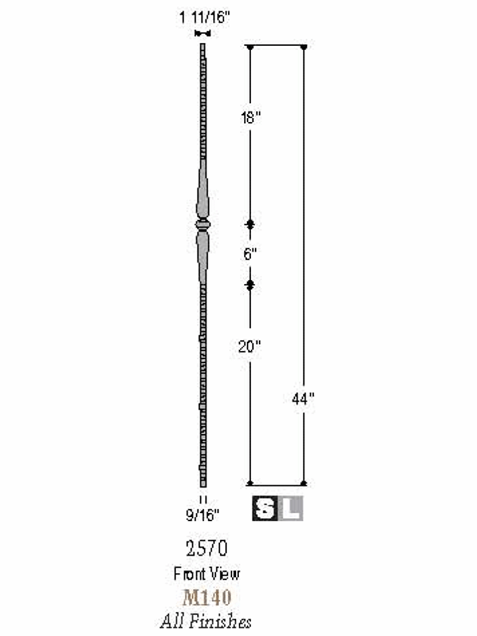 2570-LT Lite Single Knuckle Hollow Tubular Steel Baluster, 14mm Dimensional Information