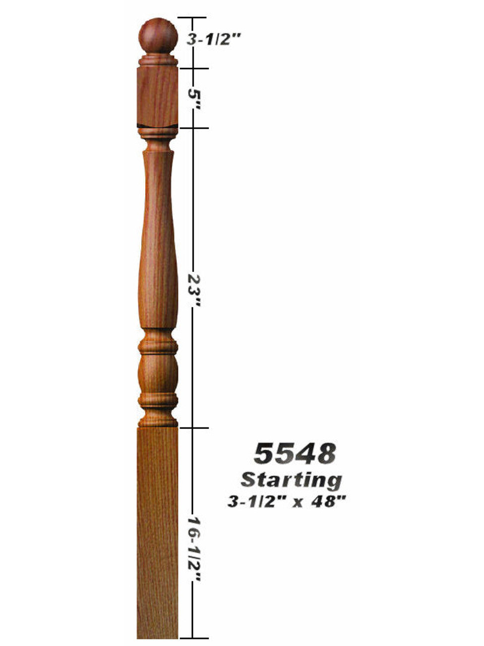 5548 Ball Top Starting Utah Classic Newel Post Dimensional Information