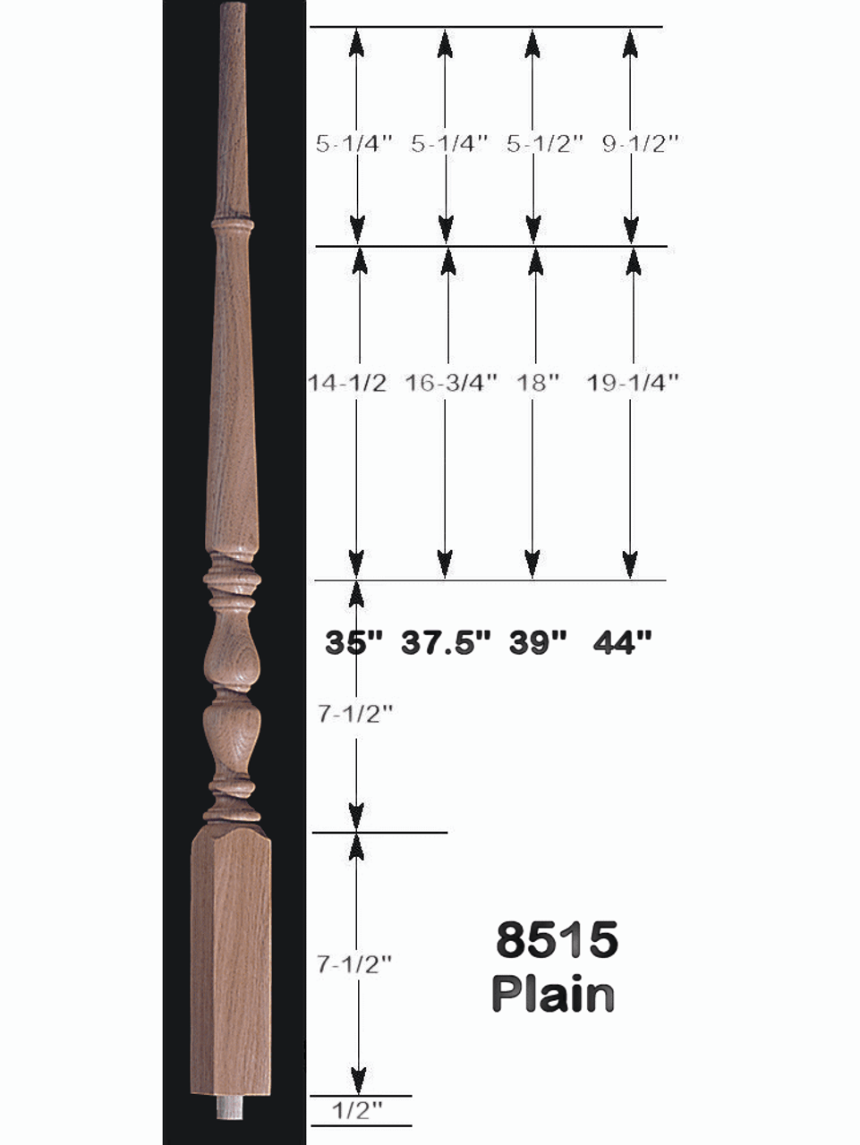 8515 39" Plain Jefferson Baluster Dimensional Information