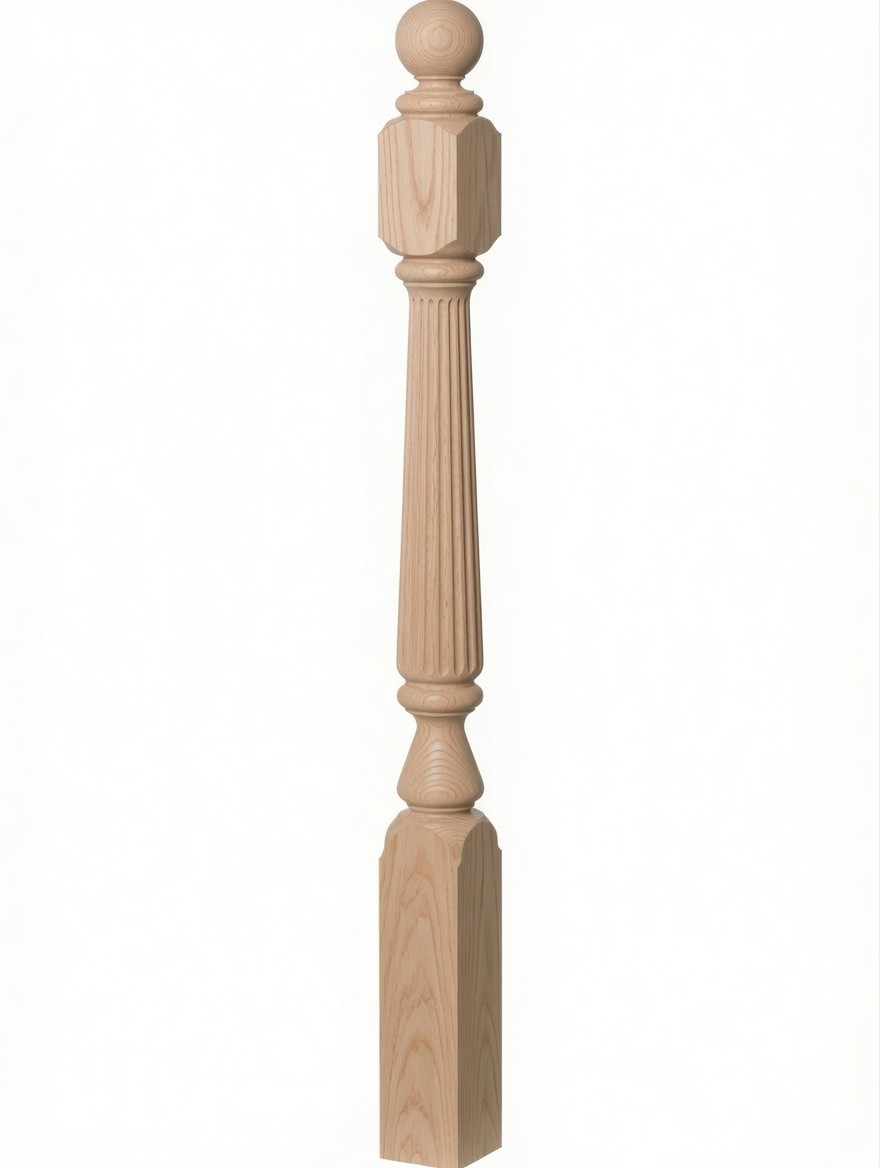 F-4842 60" Fluted Ball Top Ohio Starting Newel Post - Red Oak