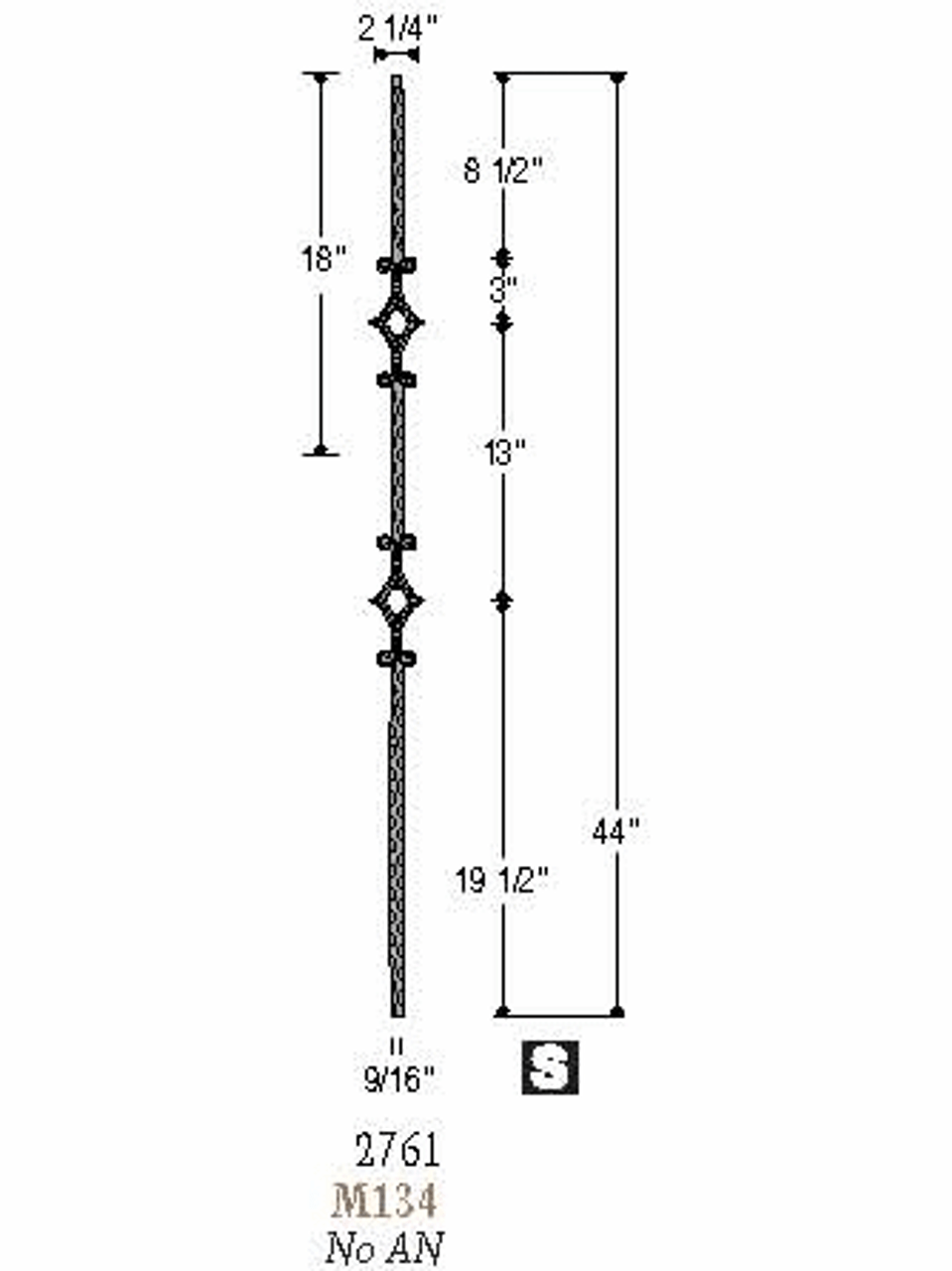 2761 Double Window Mediterranean Hammer Iron Baluster Dimensional Information