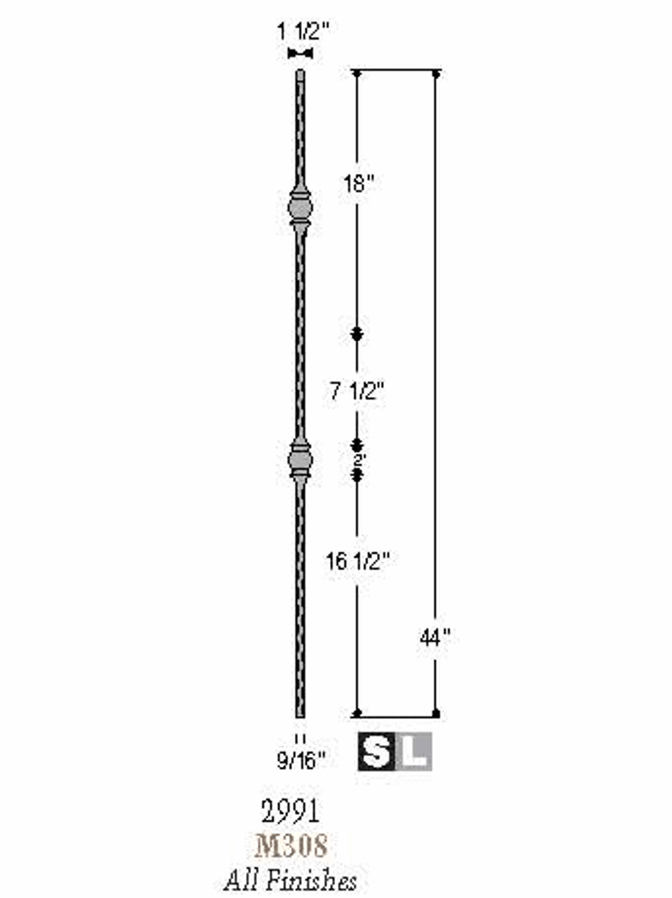 2991 Mediterranean Double Forged Ball Wrought Iron Baluster Dimensional Information