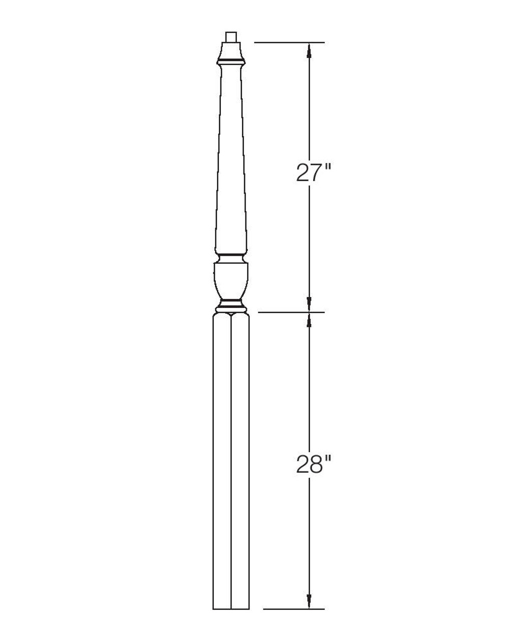 A3010T Twist 44" Pin Top Starting Newel Post Dimensional Information