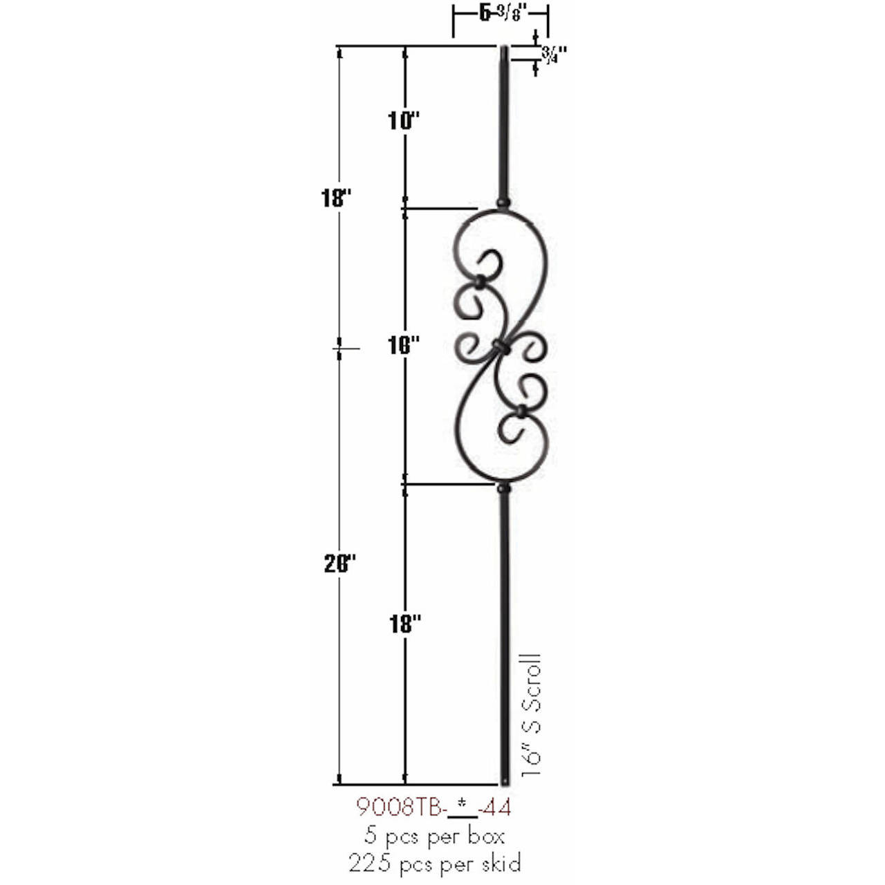 9008TB 16-Inch Feathered S-Scroll Dimensional Information