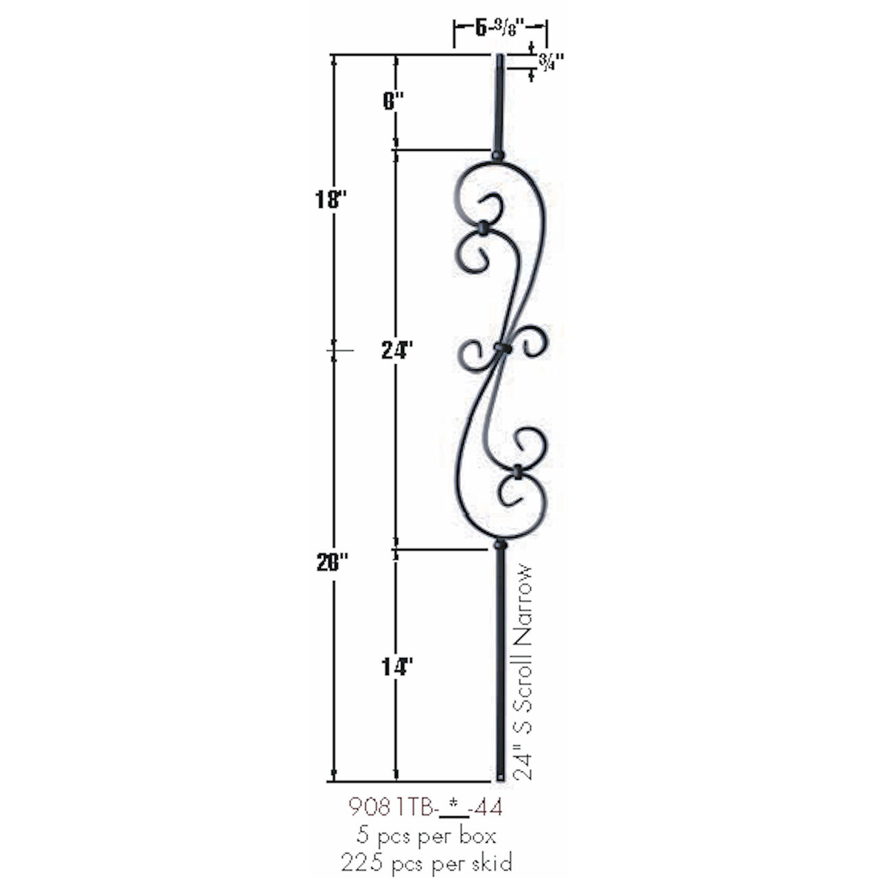 9081TB 24-Inch Feathered S-Scroll Dimensional Information