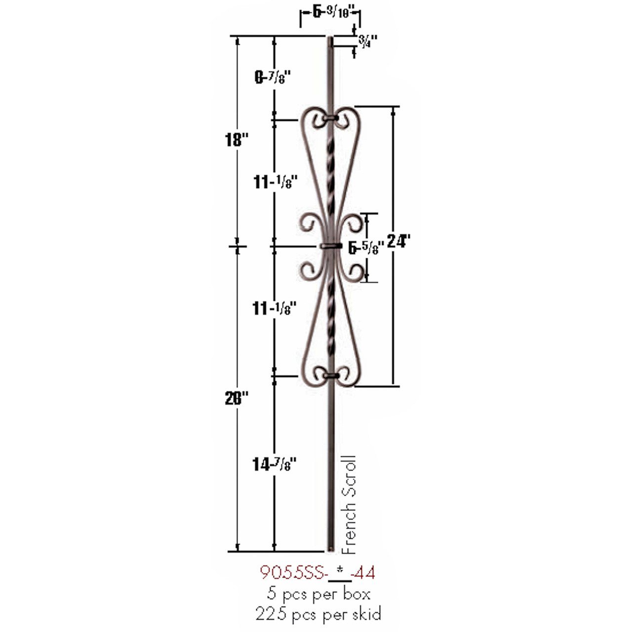 9055SS French Scroll Tubular Steel Baluster Dimensional Information