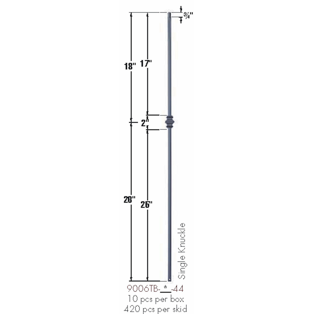 SP-9006TB Satin Black Single Knuckle Tubular Steel Baluster Dimensional Information