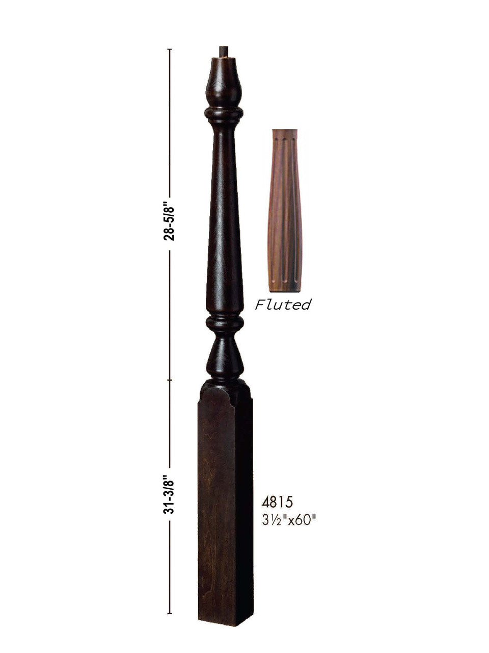 F-4815 60" Fluted Pin Top Ohio Landing Newel Post - Dimensional information
