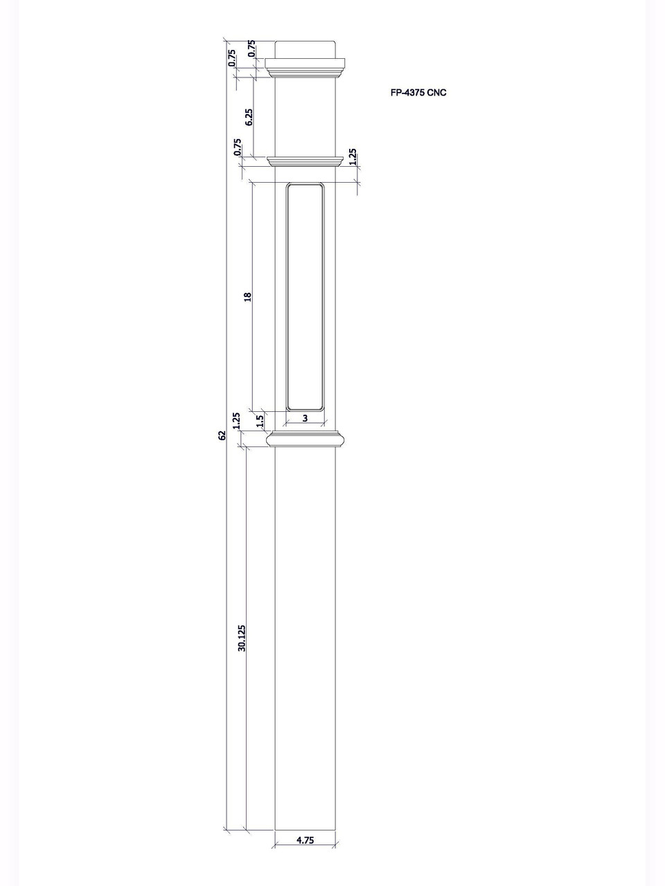 FP-4375 CNC Flat Panel Box Newel Post, CADD Image