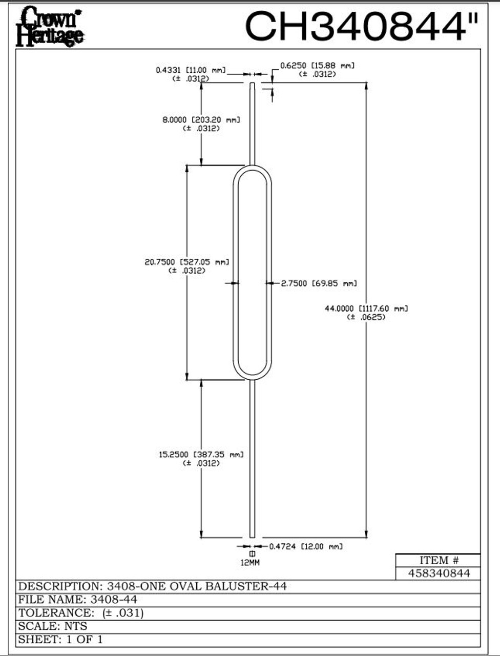 3408 Oval Baluster, CADD Drawing