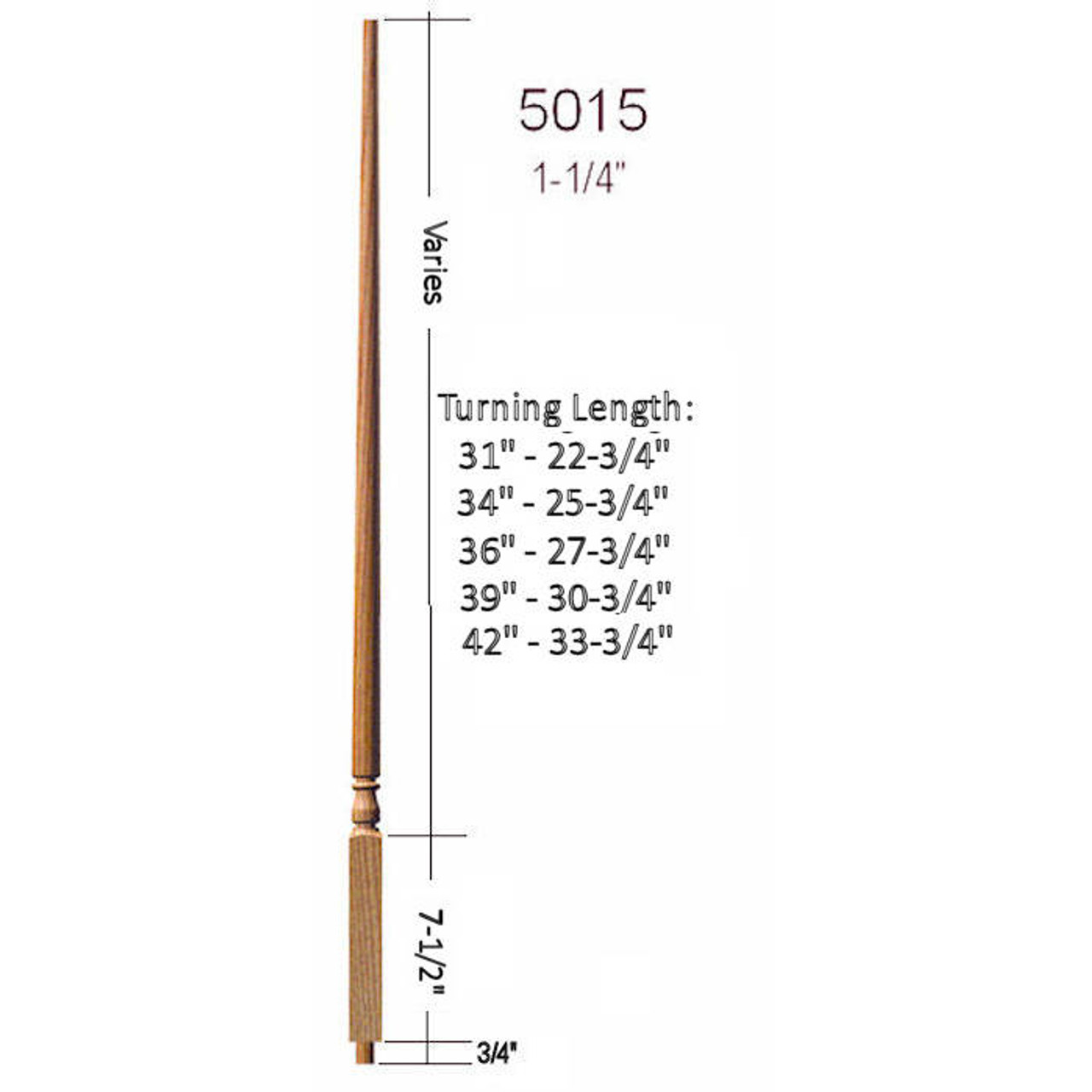 5015 Colonial Stair Baluster, 1-1/4" x 31" structural rise Dimensional Information