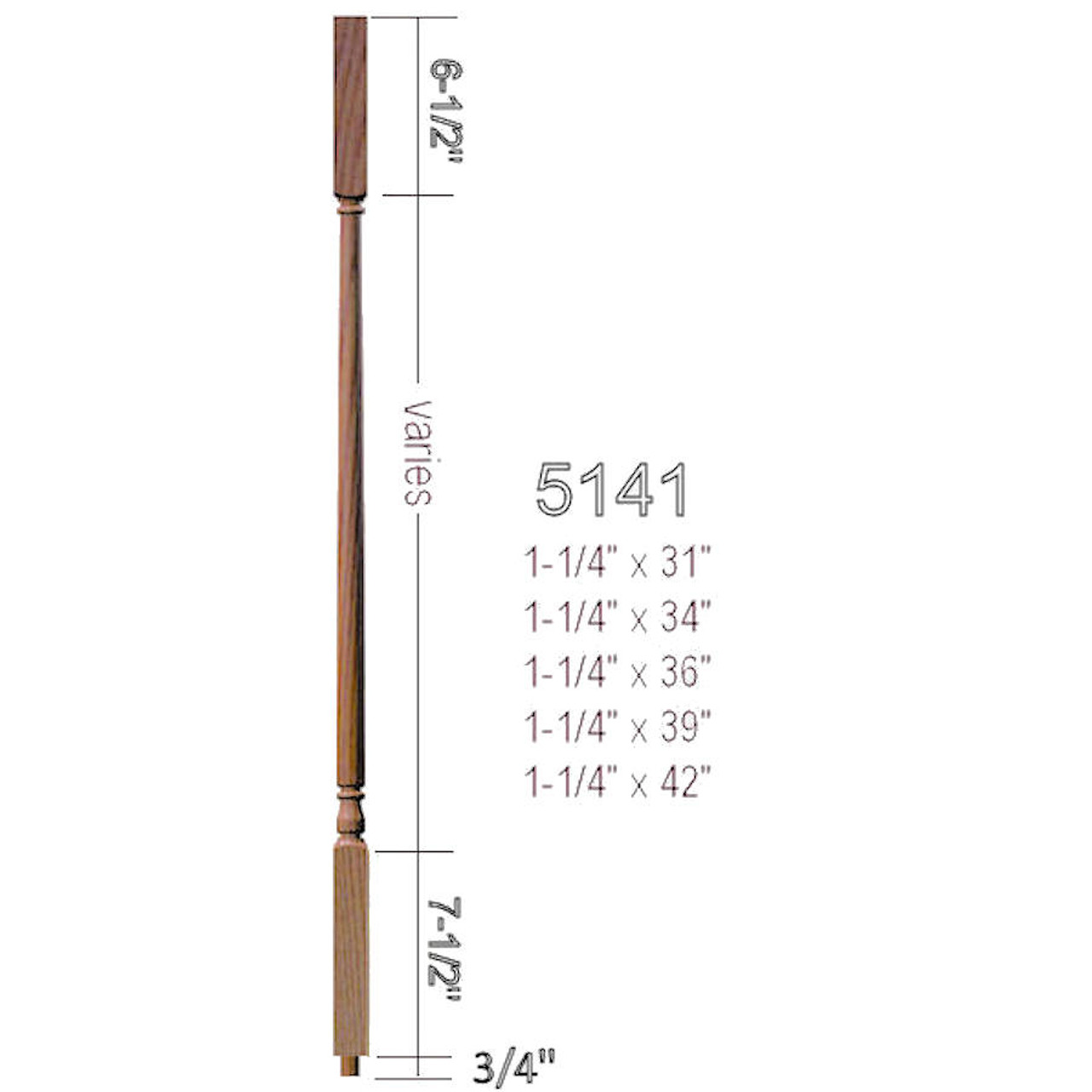 5141 31" Square Top Colonial Baluster, Dimensional Information