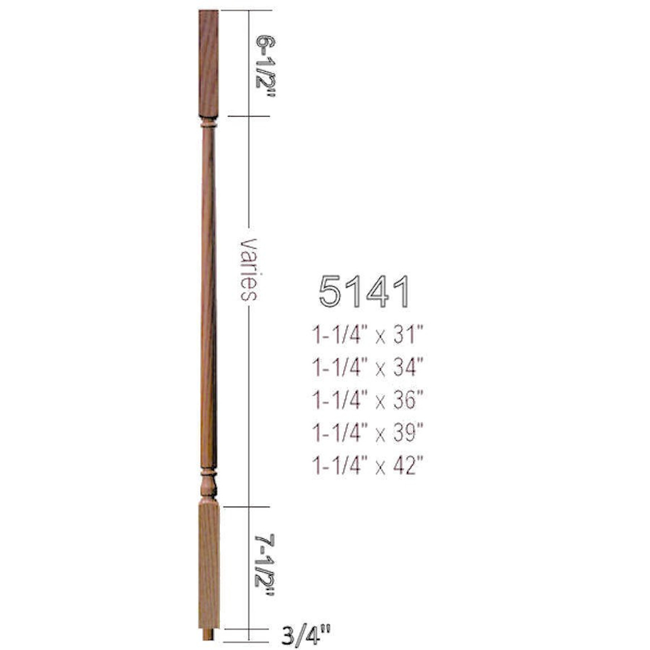 5141 42" Square Top Colonial Baluster, Dimensional Information