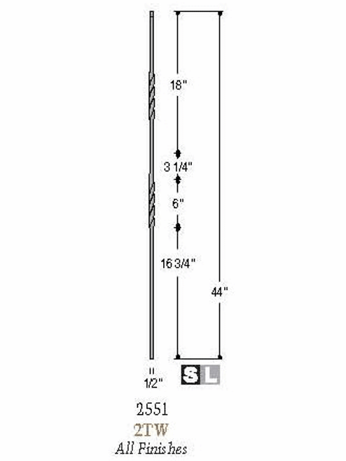 2551 Double Twist 12mm Iron Baluster Dimensional Information