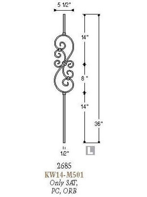 2685 Feathered S-Scroll Knee Wall Baluster, Tubular Steel, 12mm