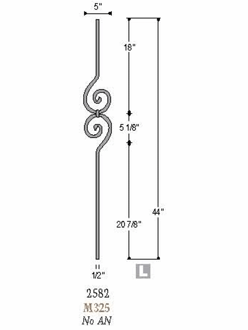 2582-LT Lite Spiral Scroll Tubular Steel Baluster, 12mm Dimensional Information