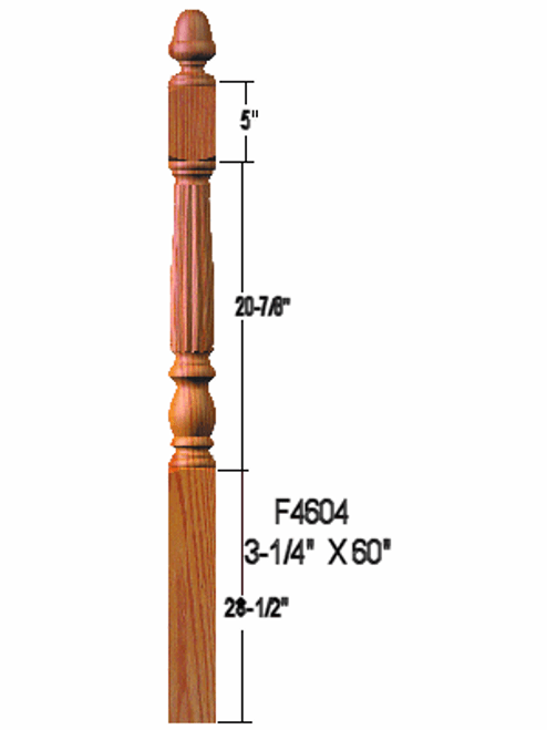 F-4606 Fluted Country Landing Newel Post Dimensional Information