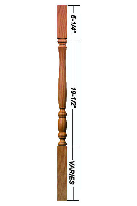 R-2300 36" Reeded Utah Classic Square Top Baluster (Plain Version Illustrated) Dimensional Information