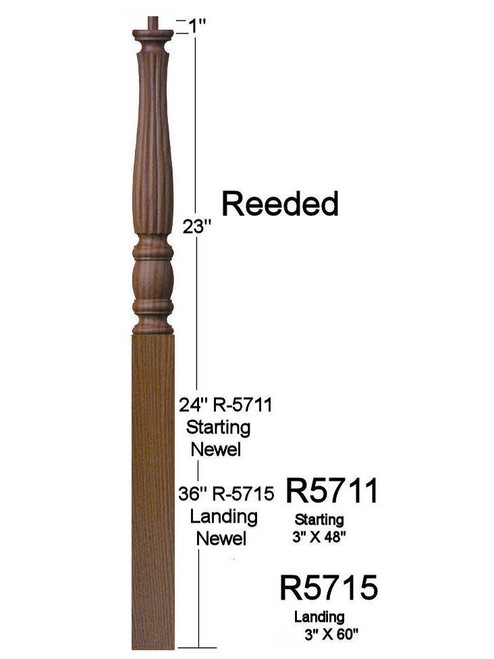 R-5715 60" Pin Top Reeded Utah Classic Landing Newel Post Dimensional Information