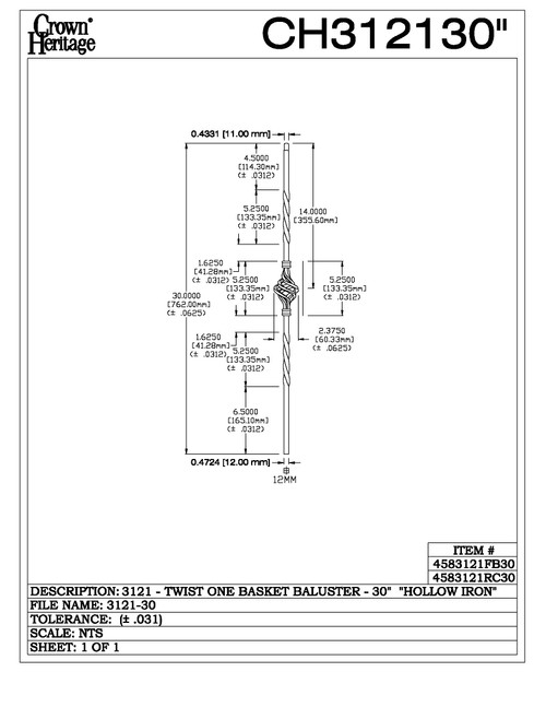 3121-30 30" Tubular Steel Single Basket Knee Wall Baluster, CADD DRAWING