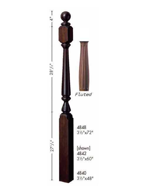 F-4842 60" Fluted Ball Top Ohio Starting Newel Post - Dimensional Information