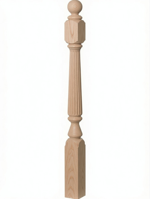 F-4848 72" Fluted Ball Top Ohio Landing Newel Post - Red Oak
