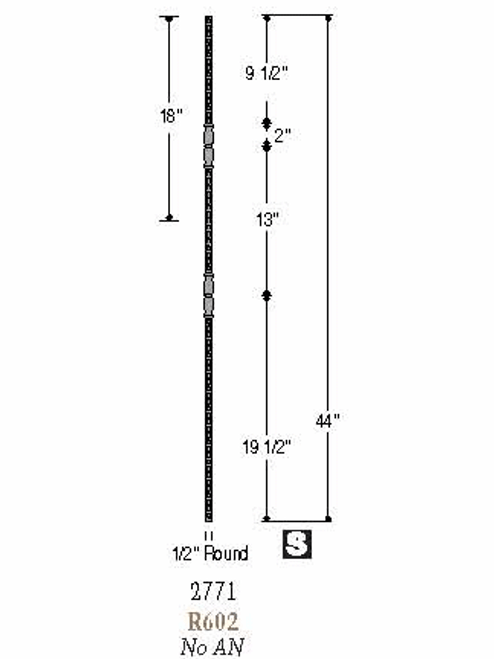 2771 Double Urn Round Forged Wrought Iron Victorian Baluster, 1/2-inch, 12mm Dimensional Information