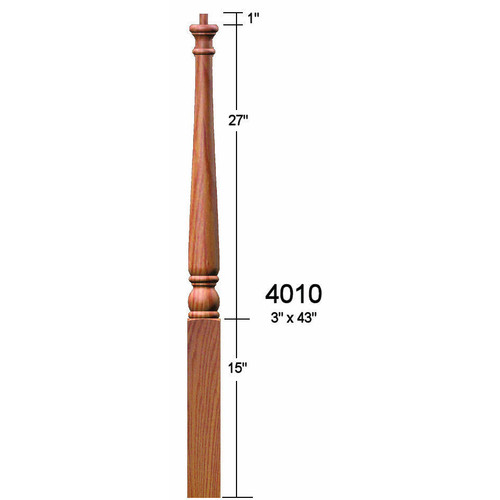4010 Colonial Red Oak Pin Top Starting Newel Post Dimensional Information