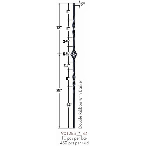 9012RS Double Ribbon Single Basket Tubular Steel Baluster Dimensional Information